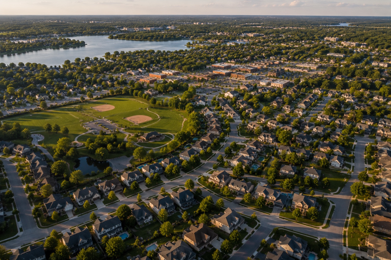 Aerial view of a new suburban community with curving streets and open green space